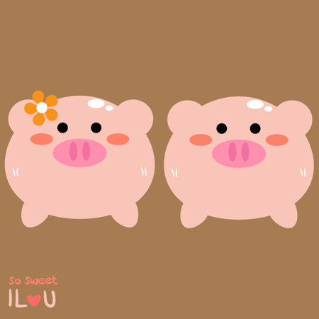Pair of cute hand drawn cartoon pink pigs, cute animal stickers, doodlesのイラスト素材