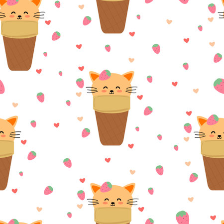 Seamless pattern cartoon cat with cute dessert. cute wallpaper for kids, gift wrap paper.のイラスト素材