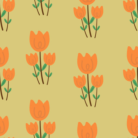 Seamless pattern with cute cartoon orange colored tulips, for fabric print, textile, gift wrapping paper. children's colorful vector, flat styleのイラスト素材