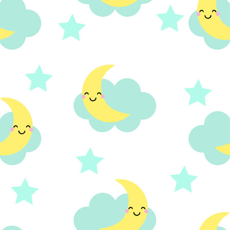 Cartoon-style Seamless Pattern of Clouds, Moon, and Stars on a white Backgroundのイラスト素材