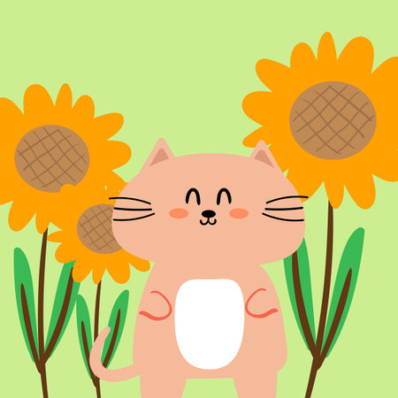Cute illustration cartoon cat and flower. animal wallpaper for card, backgroundのイラスト素材