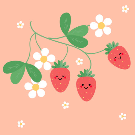 Illustration with handwritten cute strawberry flowers. cute flower wallpapers, backgrounds and cardsのイラスト素材