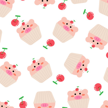 Seamless pattern with cute cartoon pink pigs in cups, for fabric prints, textiles, gift wrapping paper. children's colorful vector, flat styleのイラスト素材
