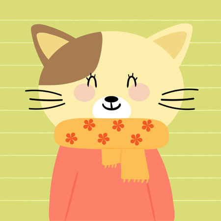 Hand drawn cute brown cat wearing a scarf, cute animal sticker, doodleのイラスト素材