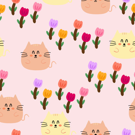 Seamless pattern with cute cartoon cats and colorful flowers, for fabric prints, textiles, gift wrapping paper. children's colorful vector, flat styleのイラスト素材