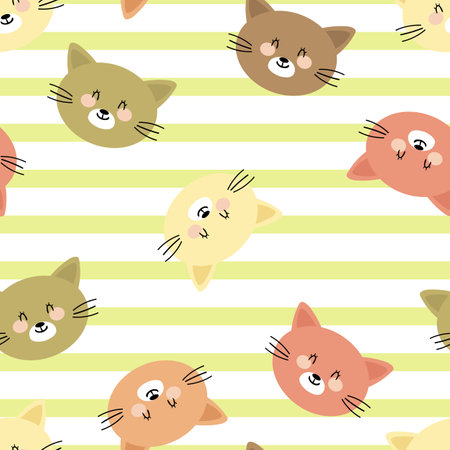 Seamless pattern with cute cartoon cats, for fabric prints, textiles, gift wrapping paper. children's colorful vector, flat styleのイラスト素材