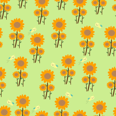 Seamless pattern with orange flowers and cute cartoon yellow bees, for fabric prints, textiles, gift wrapping paper. colorful vector for children, flat styleのイラスト素材