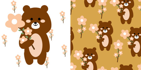 Cards and patterns of cartoon brown bears and flowers. cute wallpaper and cards for fabric prints, gift wrapping paperのイラスト素材