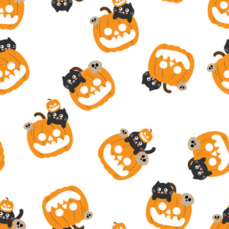 Seamless pattern cartoon cat with halloween vibes. cute halloween wallpaper for fabric print, gift wrap paperのイラスト素材