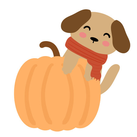 Hand drawn cartoon brown dog with dark red scarf and pumpkin. cute animal drawings, doodles for autumn moodのイラスト素材