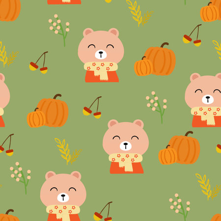 Seamless pattern cartoon bears with autumn vibes. cute autumn fall wallpaper for fabric print, gift wrap paperのイラスト素材