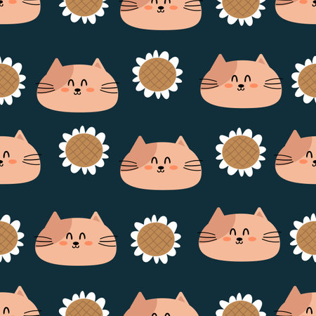 Seamless pattern with cute cartoon cats, for fabric prints, textiles, gift wrapping paper. children's flat and colorful styleのイラスト素材