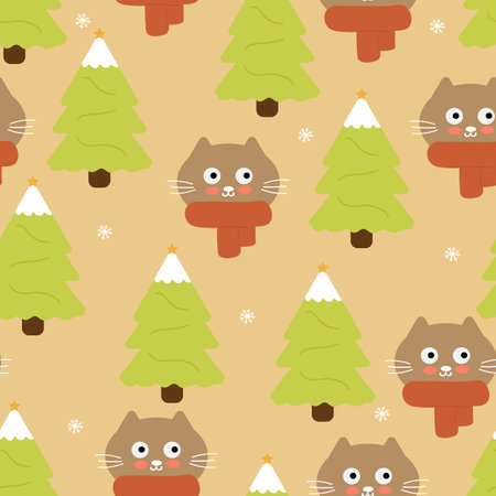 Seamless pattern cartoon cat wearing red scarf in winter day. cute animal wallpaper for fabric print, gift wrap paperのイラスト素材