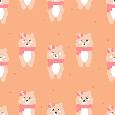Seamless pattern cartoon bears in winter day. wearing pink scarf, cute animal winter wallpaper for fabric prints, gift wrapping paperのイラスト素材