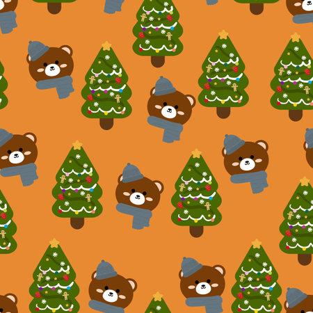 Seamless pattern cartoon bear with christmas tree. cute christmas and winter wallpaper for fabric print, gift wrap paperのイラスト素材