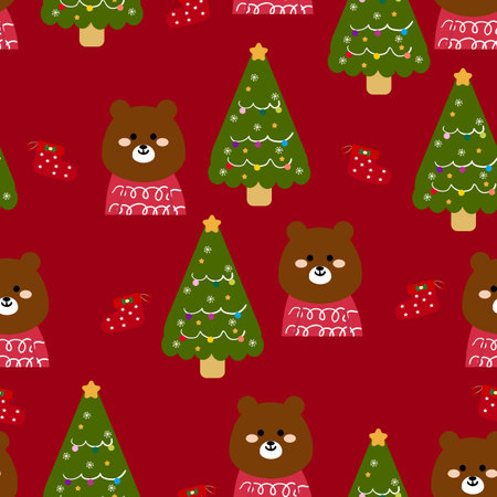 Seamless pattern cartoon bear and tree christmas. cute christmas and winter wallpaper for fabric print, gift wrap paperのイラスト素材
