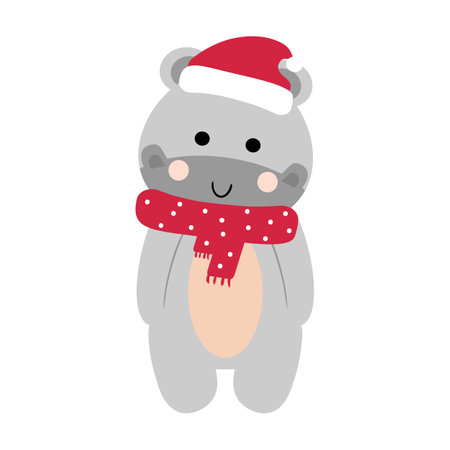 Hand drawn cartoon cute hippo wearing a Christmas red scarf and hat. cute collection images for christmas stickers, iconsのイラスト素材