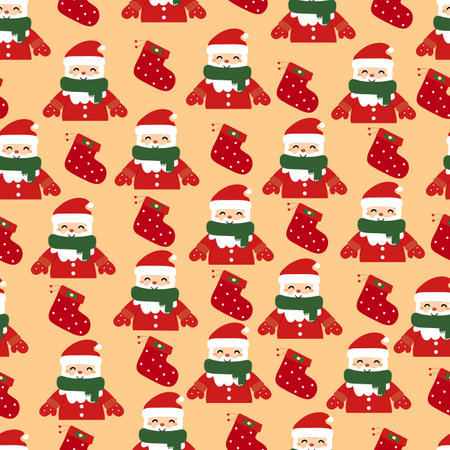 Seamless pattern cartoon santa claus wearing a green scarf. cute christmas and winter wallpaper for fabric print, gift wrap paperのイラスト素材