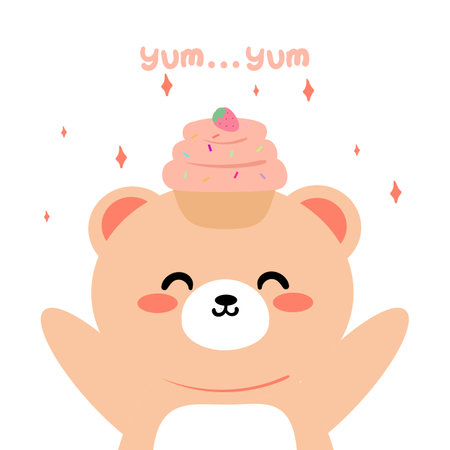 Cute hand drawing cartoon bear with strawberry cake over head bear . cute bear drawing for animal sticker, iconのイラスト素材