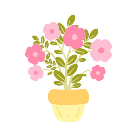 Hand drawing cartoon pink flower pot and leaves. cute plant doodleのイラスト素材