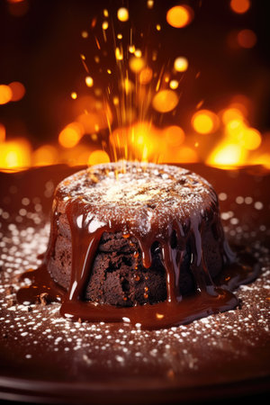Chocolate bundt cake with chocolate glaze on a dark backgroundの素材