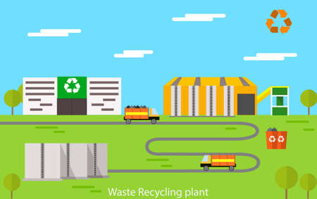 Vector flat design concept illustration of waste recycling plant.のイラスト素材