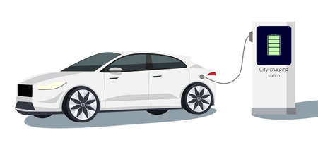 Vector isolated electric car with charging station illustration.のイラスト素材