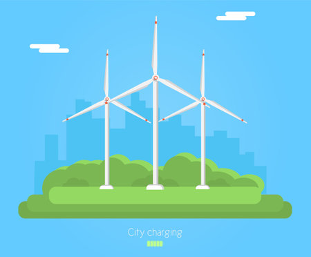 Vector flat style Windmills, wind energy illustrationのイラスト素材