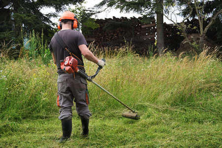 Landscapers men gardeners cutting grass with string lawn trimmers, summer time