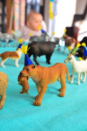 Birthday Cake On Colorful Balloon Background With Other Birthday Decoration. Focus is on cake.の写真素材