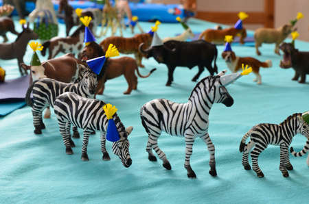 Birthday Cake On Colorful Balloon Background With Other Birthday Decoration. Focus is on cake.の写真素材