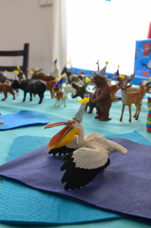 Birthday Cake On Colorful Balloon Background With Other Birthday Decoration. Focus is on cake.の写真素材