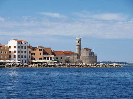 View of town Piran in Slovenian Istria on the Adriatic coast with lighhouse Puntaの写真素材