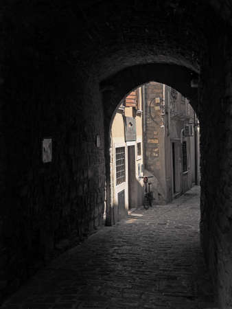 narrow streets in the historic center town Piran in Slovenian Istria on the Adriatic coastの写真素材