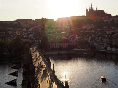 view of Charles Bringe and Prague Castle from the Old Town Tower, Prague, Czech Republicの写真素材