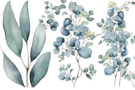 Eucalyptus watercolor set separate white backgroundの素材