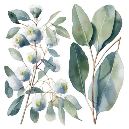 Eucalyptus watercolor set separate white backgroundの素材