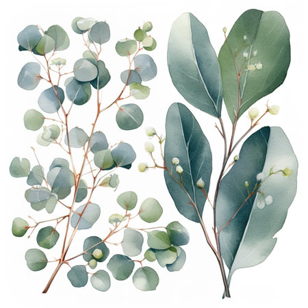 Eucalyptus watercolor set separate white backgroundの素材