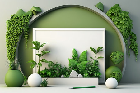 green wall mockup with green plantの素材
