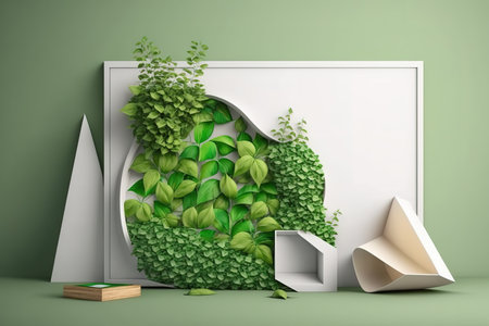 green wall mockup with green plantの素材