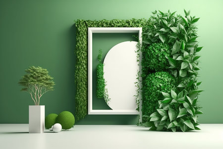 green wall mockup with green plantの素材