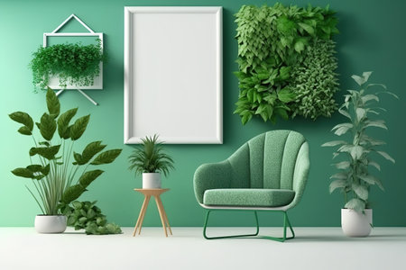 green wall mockup with green plantの素材