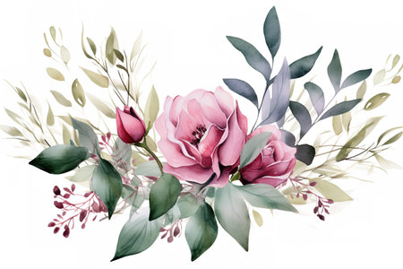 Watercolor floral frame border with leaves and rosesの素材