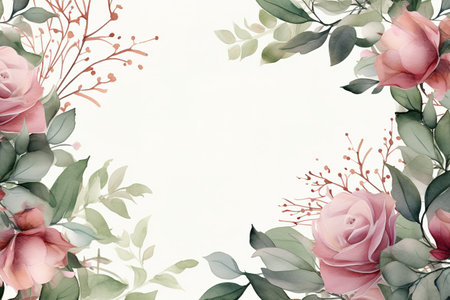 Watercolor floral frame border with leaves and rosesの素材