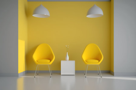 a yellow room empty with chairs and a potted plantの素材