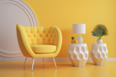 a yellow room empty with chairs and a potted plantの素材