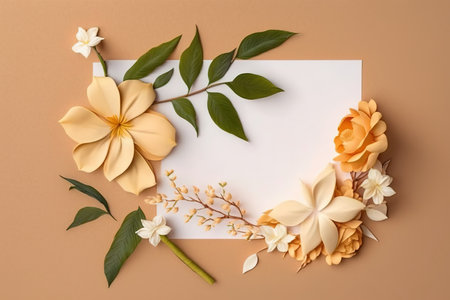 Flowers composition. Paper flowers, leaves on beige background. Flat lay, top view, copy spaceの素材