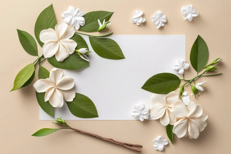 Flowers composition. Frame made of white flowers and leaves on beige background. Flat lay, top view, copy spaceの素材
