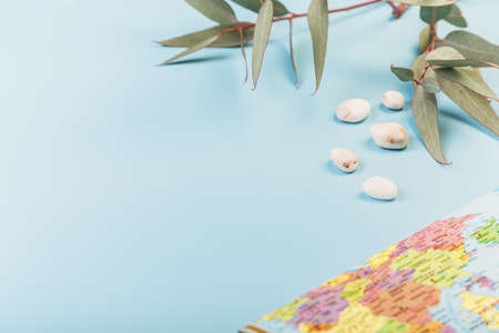 Tourist layout, in the foreground in blur the map of the world, in the background beach pebbles and branchesの写真素材