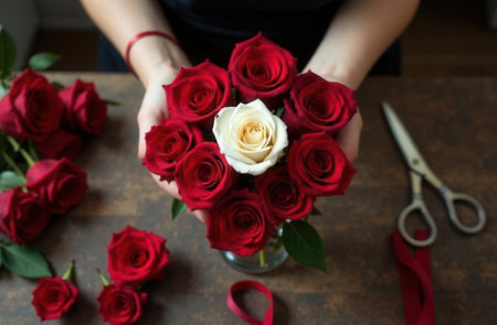 Florist's hands are preparing a bouquet of red and white roses for the buyer, in the background is a desk with inventory and flowers, a view from aboveの素材